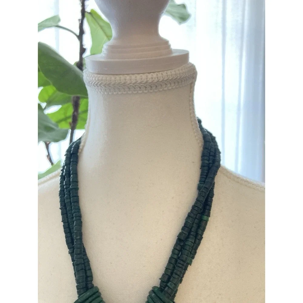 Boho Dark Green Disc Bead Necklace Oversized Round Pendant Tribal Artsy‎ Gypsy